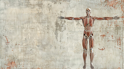 Detailed human anatomy illustrationor 3d figure, muscles and bones visible with skull head, against an abstract distressed blank background.