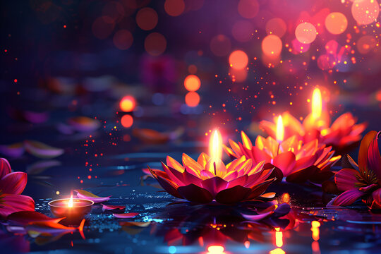 Magic pink lotus flower with candles and sparkles. Loy krathong thailand festival. Buddha Purnima, Vesak. Yoga and meditation concept	