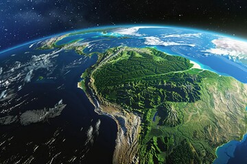 Highly detailed 3D rendering of Earth from space, focus on lush South American rainforests and majestic Andes mountains