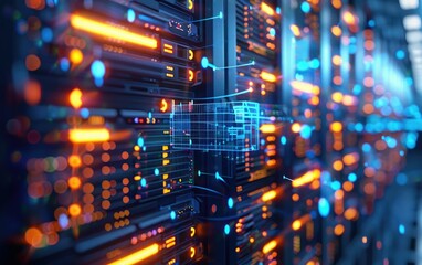 Close-up of a modern data center with rows of server hardware featuring LED lights, symbolizing network infrastructure and high-speed data processing. - obrazy, fototapety, plakaty