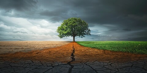 Conceptual image of a single tree on the dividing line between a lush green field and a parched, cracked earth under a dramatic stormy sky.