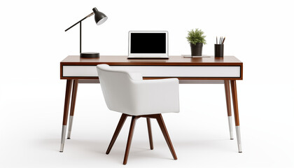 Minimalist home office desk with laptop lamp plant and stationery