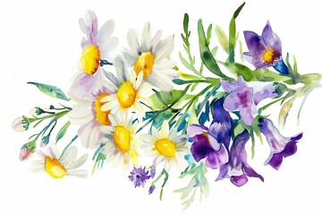 Charming watercolor illustration of daisies, tansy and violet bells, hand-painted wildflower bouquet isolated on white