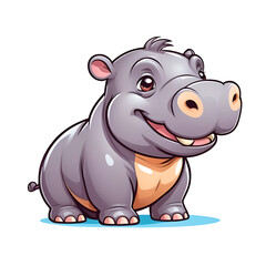 A cartoon of a little hippo with a big smile is standing in water.
