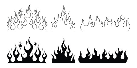 Silhouette Fire flames. Old school tattoo neo-tribal style or silhouette flame for cars. set vector icons. Fire sign. Fire flame icon isolated on white background. Vector illustration - obrazy, fototapety, plakaty