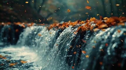 Autumn leaves cascade with water over a small waterfall, capturing the essence of fall with vibrant colors and dynamic water movement.