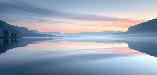 A serene lakeside at dawn, where the calm waters perfectly mirror a pastel sky. 32k, full ultra hd, high resolution - obrazy, fototapety, plakaty