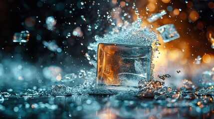 Crystal-clear ice cubes cascade against jet-black backdrop.