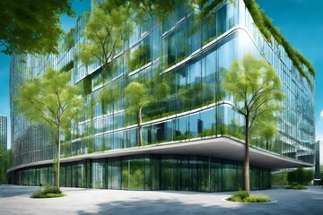 Marvel at the synergy between architecture and nature as exemplified by this eco-friendly office building with a sustainable glass façade. Trees strategically placed around the building act as natural
