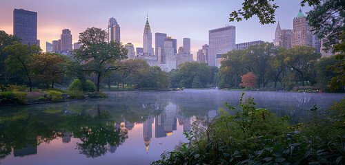 A serene morning in a city park, with skyscrapers towering over tranquil lakes and green trees,...