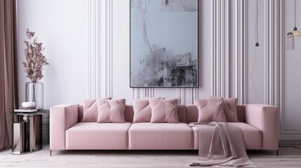 Elegant modern living room interior with a blush pink sofa, decorative cushions, and a large abstract painting above