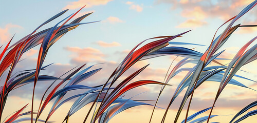 A series of tall, elegant grasses swaying in the wind, their tips dyed in red, white, and blue, against the backdrop of a serene, early morning sky. 32k, full ultra hd, high resolution --ar 2110 --no  - obrazy, fototapety, plakaty