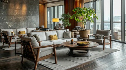 Modern lounge interior with elegant furniture and stylish design, featuring comfortable sofas, wooden tables, and a large window with city view.