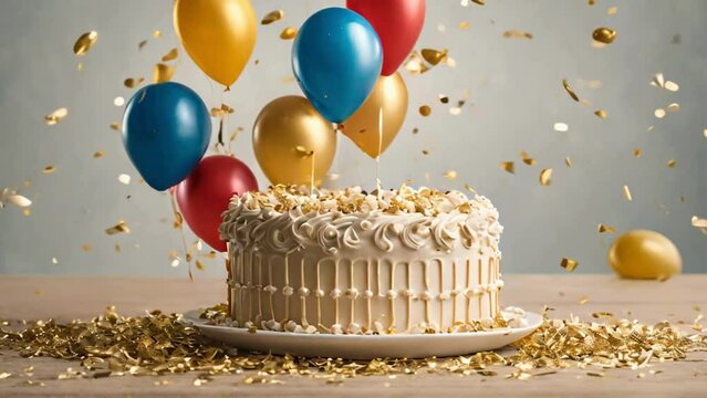 birthday cake with candles and balloons