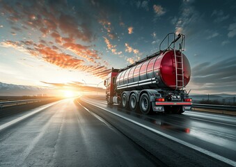 Red Commercial Fuel Tanker Truck on Highway at Sunset, Cargo Transportation Concept - obrazy, fototapety, plakaty