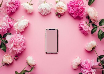 Elegant Smartphone Surrounded by Fresh Peonies on Pink Background, Tech and Nature Harmony
