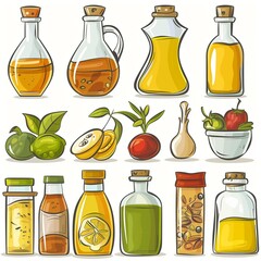 Variety of Colorful Cartoon Cooking Oils and Dressings with Fresh Ingredients - obrazy, fototapety, plakaty