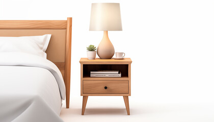 Wooden nightstand with a ceramic lamp a potted plant a cup and a book on it