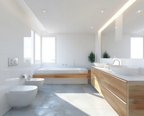 Fototapeta na wymiar 3D rendering of a modern bathroom interior with white walls and gray floor