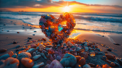 colorful rocks form a heart at sunset on the beach, in the style of realistic depiction of light,...