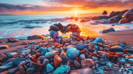colorful rocks form a heart at sunset on the beach, in the style of realistic depiction of light,...