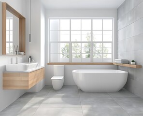 Fototapeta na wymiar 3D rendering of a modern bathroom interior with white walls and gray floor tiles