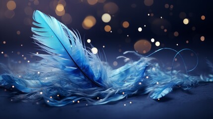 Fototapeta na wymiar Delicate feathers merge with musical notes on a blue background. Text space is ideal for conveying themes of creativity, expression, and beauty in any art or design project.