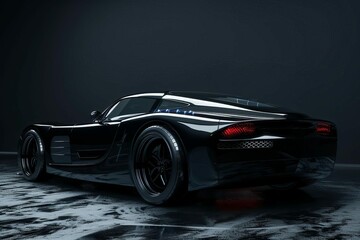 Black luxury sports car on dark background, 3D automotive render illustration - obrazy, fototapety, plakaty