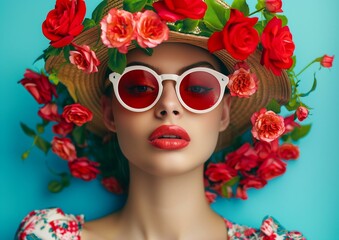 Stylish Woman in Floral Hat and Red Sunglasses on Blue Background