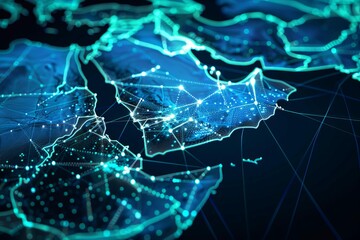 Abstract network map of Saudi Arabia connecting to Middle East and North Africa - obrazy, fototapety, plakaty