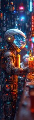 A cyborg bartender serving drinks in a vibrant neon-lit bar filled with other augmented beings 3D render