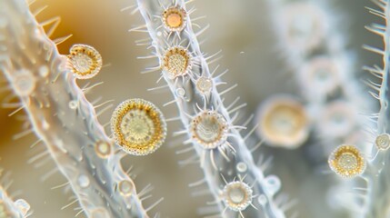 Several diatoms ed together resembling a tiny forest of translucent stalks with small circular caps at the top. - obrazy, fototapety, plakaty