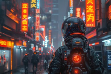 A group of futuristic cyborgs congregating in a bustling marketplace under the glow of neon signs 3D render - obrazy, fototapety, plakaty