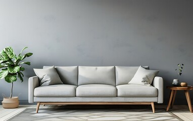3D rendering of a simple living room interior with a grey sofa and wooden side table against a gray wall background