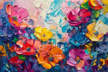 Vibrant abstract floral painting with colorful brushstrokes and palette knife texture