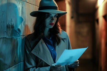 Noir woman private detective in trench coat, fedora hat, investigating mystery case