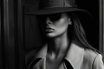 Noir woman private detective in trench coat, fedora hat, investigating mystery case - obrazy, fototapety, plakaty