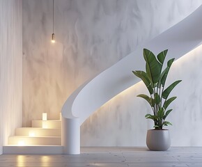 3D rendering of a white staircase with a wooden floor and wall background featuring a potted plant and candle light in the style of a modern interior design home concept