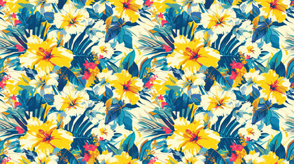 Tropical storm florals, bright, dynamic blooms in seamless fury, - obrazy, fototapety, plakaty