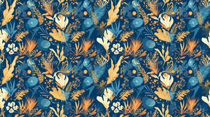 Underwater botanicals, bright aquatic plants in seamless oceanic vibes,