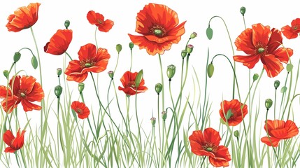 Vibrant Red Poppies Field Illustration, Spring Blooms with Green Leaves Background