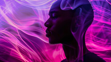 A lone black man stares thoughtfully into the distance his silhouette sharply defined against a background of swirling abstract lines and shapes in shades of purple and pink. The use .