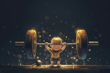 Funny strong baby lifting heavy barbell, humorous fitness concept illustration on dark background - obrazy, fototapety, plakaty