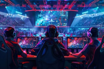 Major esports event, team of professional gamers playing in offline gaming tournament on stadium, digital illustration - obrazy, fototapety, plakaty