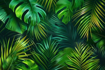 Palm leaves tropical background, lush green foliage illustration with vibrant colors and intricate details
