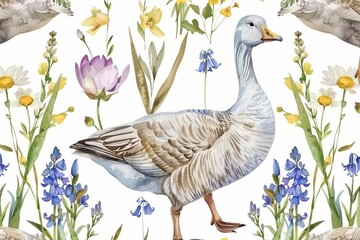 Seamless pattern with buttercup, bluebell and goose illustration, watercolor floral wreaths and botanical summer wildflowers