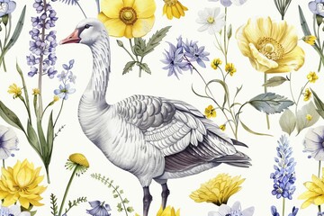 Seamless pattern with buttercup, bluebell and goose illustration, watercolor floral wreaths and botanical summer wildflowers