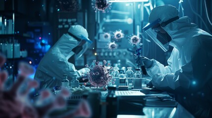 A fictional story about a group of scientists who are trying to stop a deadly virus. The story is a thriller, and it shows the challenges of virus research. - obrazy, fototapety, plakaty