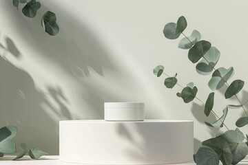 Green Eucalyptus Leaves on White Podium, Natural Cosmetic Product Display