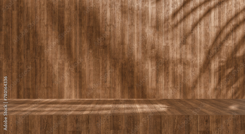 Aufkleber Cozy summer wooden table with soft sunlight and leafs shadow, high resolution wooden texture with empty space for text and design, empty wooden podium mock up for product placement